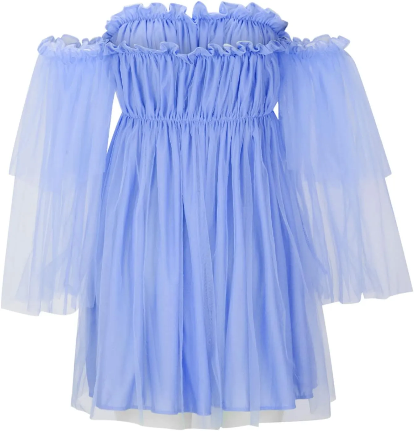 XUNRYAN Women's Romantic Cute Off Shoulder Flounce Long Sleeve Wedding Ruffle Mesh Party Mini Dress Beach Sundress