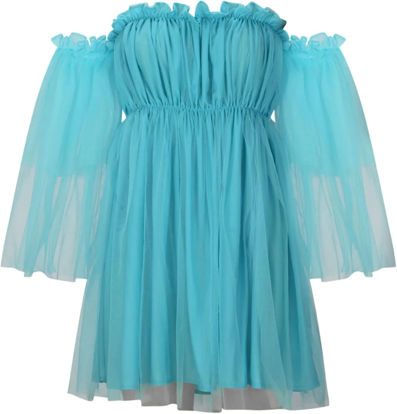 XUNRYAN Women's Romantic Cute Off Shoulder Flounce Long Sleeve Wedding Ruffle Mesh Party Mini Dress Beach Sundress