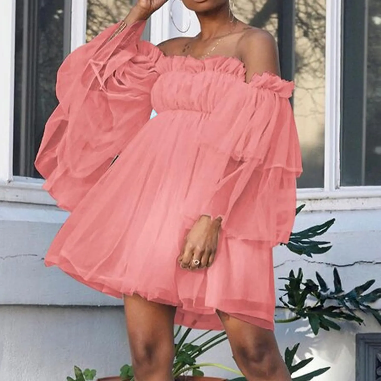 XUNRYAN Women's Romantic Cute Off Shoulder Flounce Long Sleeve Wedding Ruffle Mesh Party Mini Dress Beach Sundress