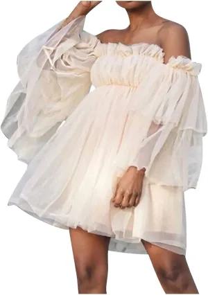 XUNRYAN Women's Romantic Cute Off Shoulder Flounce Long Sleeve Wedding Ruffle Mesh Party Mini Dress Beach Sundress