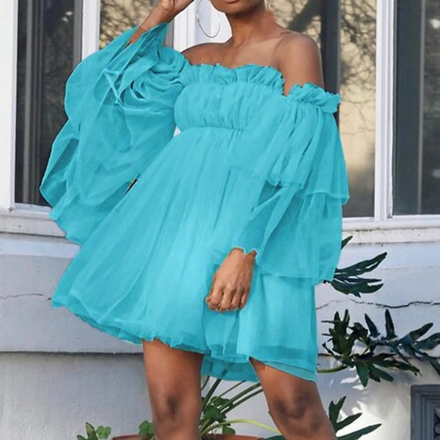 XUNRYAN Women's Romantic Cute Off Shoulder Flounce Long Sleeve Wedding Ruffle Mesh Party Mini Dress Beach Sundress