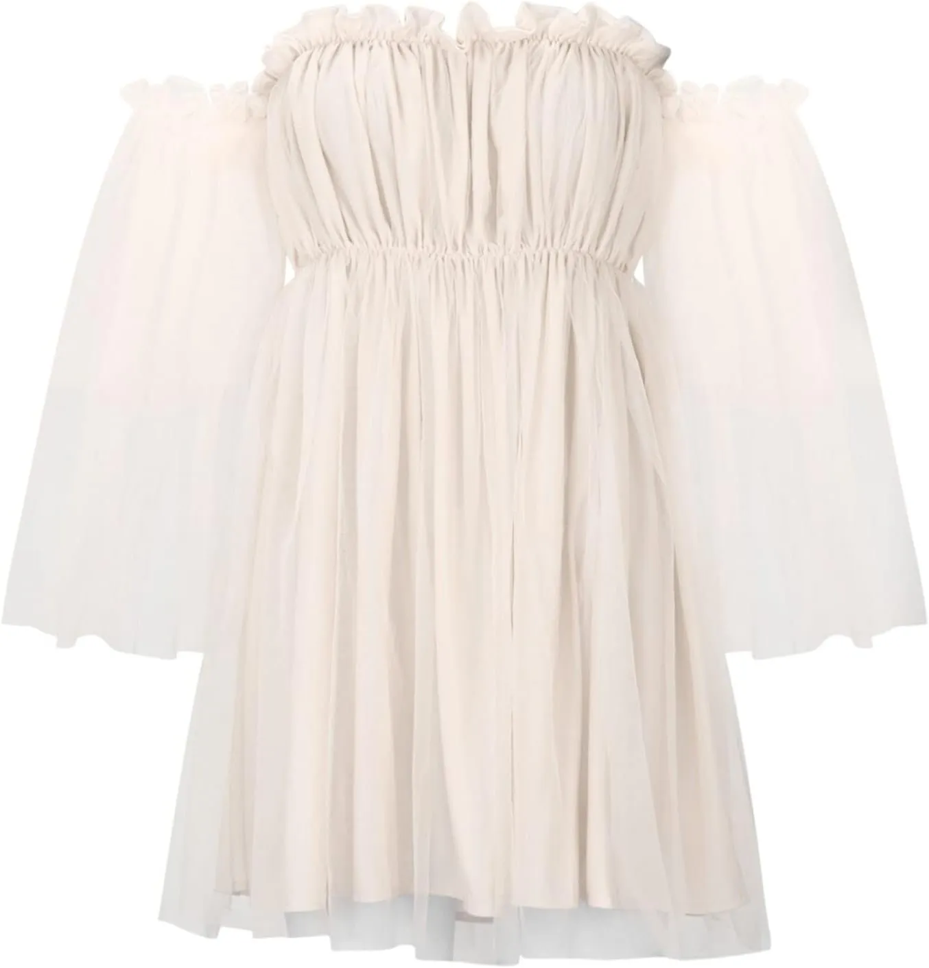 XUNRYAN Women's Romantic Cute Off Shoulder Flounce Long Sleeve Wedding Ruffle Mesh Party Mini Dress Beach Sundress