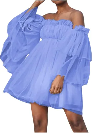 XUNRYAN Women's Romantic Cute Off Shoulder Flounce Long Sleeve Wedding Ruffle Mesh Party Mini Dress Beach Sundress