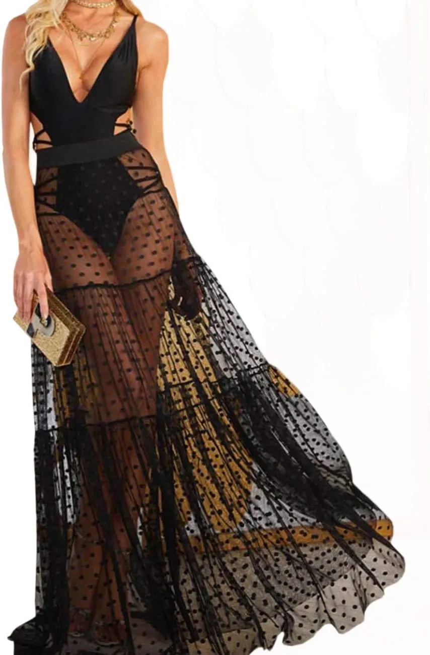 xxxiticat Women's Sexy Polka Dot Splicing See Through Maxi High Waisted Transparent Long Pleated Mesh Skirts(NO Underwear)