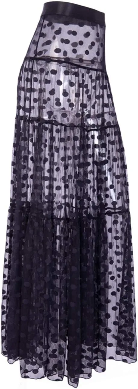 xxxiticat Women's Sexy Polka Dot Splicing See Through Maxi High Waisted Transparent Long Pleated Mesh Skirts(NO Underwear)