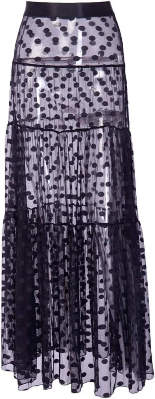 xxxiticat Women's Sexy Polka Dot Splicing See Through Maxi High Waisted Transparent Long Pleated Mesh Skirts(NO Underwear)