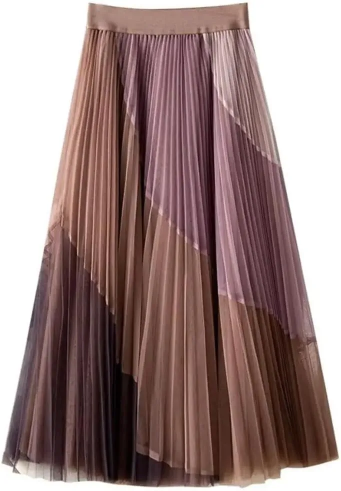 YTR6TW Women's Patchwork Pleated Midi Skirts Spring Summer Fashion Streetwear Casual Elastic High Waist Skirt