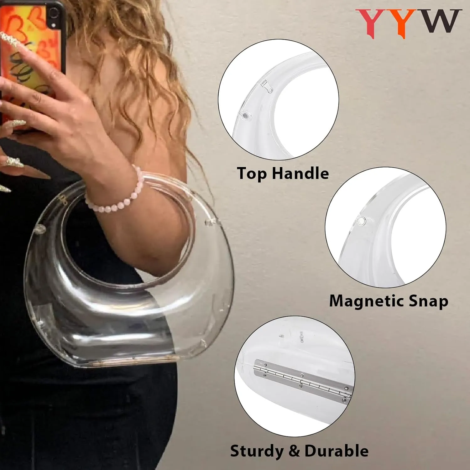 YYW Acrylic Evening Clutch Purse Moon Shape Unique Transparent Evening Handbag